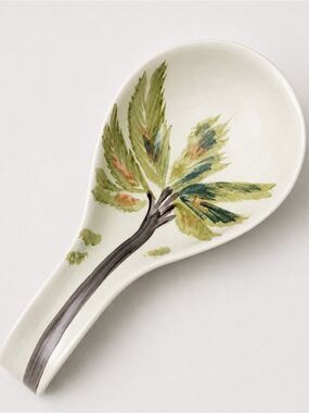 Hand Painted Hand Crafted Botanical Tropical Ceramic Spoon Rest Green Leaves